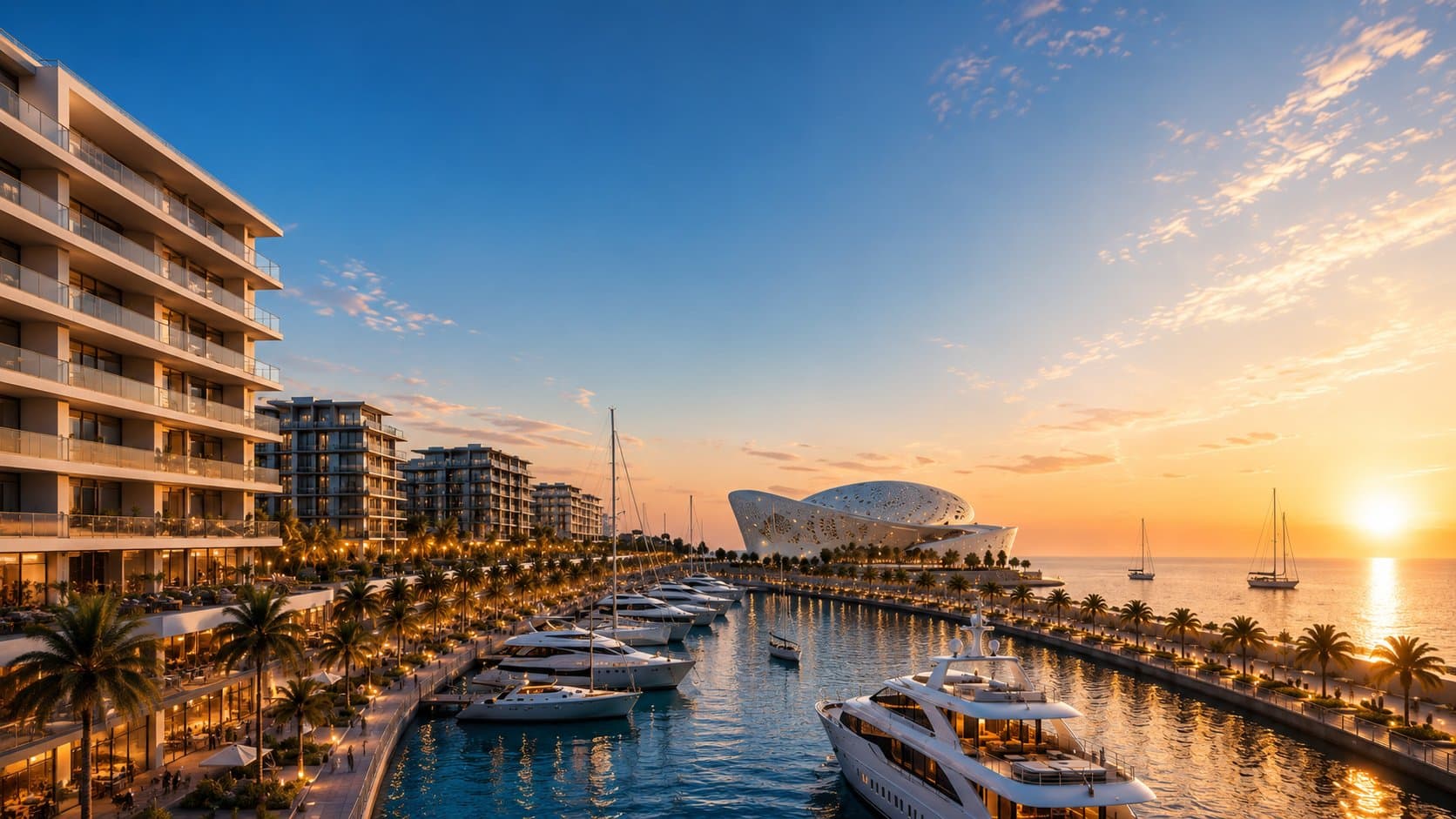 Marina at Marsa Al Saadiyat at sunset, with docked yachts and the waterfront promenade